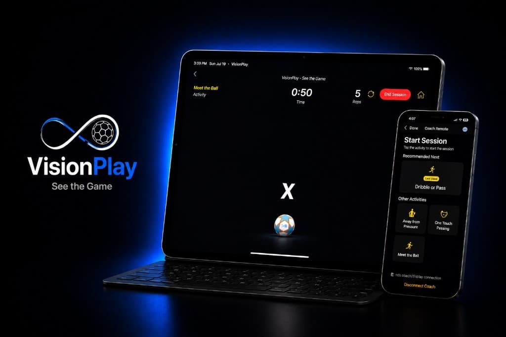 VisionPlay on an iPad showing a training session, with the Coach Remote on an iPhone beside it.